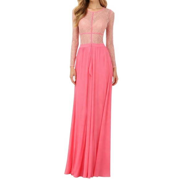 Vintage Dresses & Skirts - Vintage Sheer Lace Long Sleeve Maxi Dress Flamingo Pink Size Medium Romantic